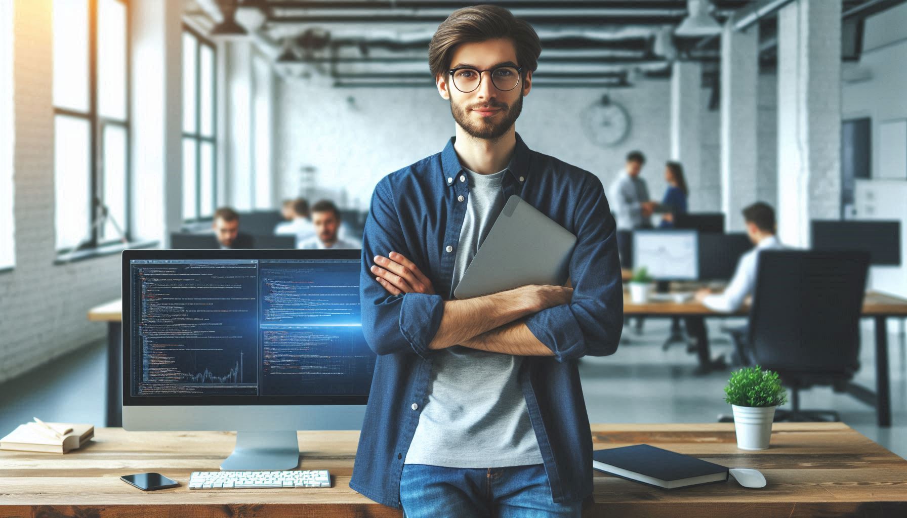 sviluppatore software in ufficio moderno, il soggetto dell'immagine è a destra della foto, immagine (1)
